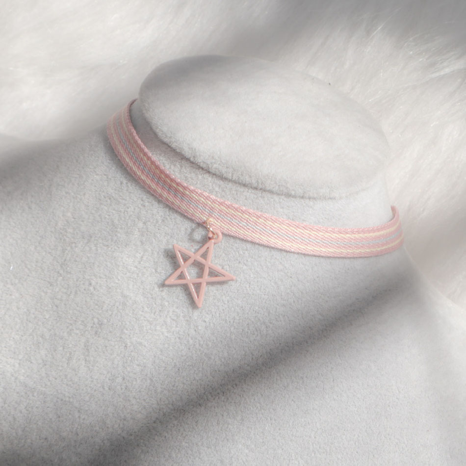 Colar Choker Sexy Rosa para Mulheres, Acessório de Moda com Pingente Pentagonal, Presente para Meninas