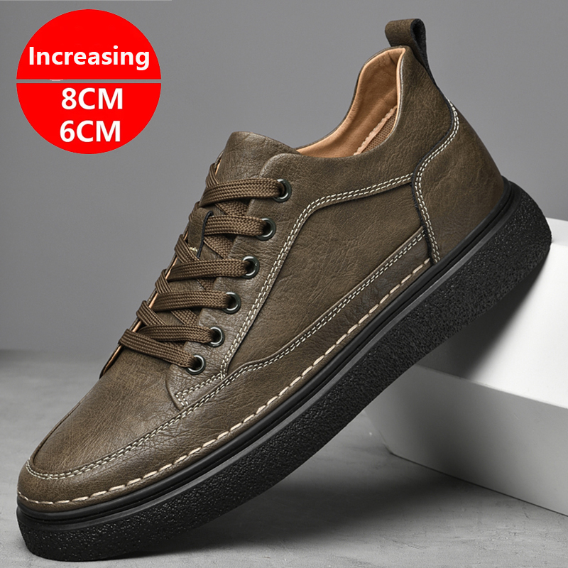 Skórzane sneakersy męskie sportowe buty do skateboardingu podwyższające 6-8 cm, buty podwyższające niewidocznie.