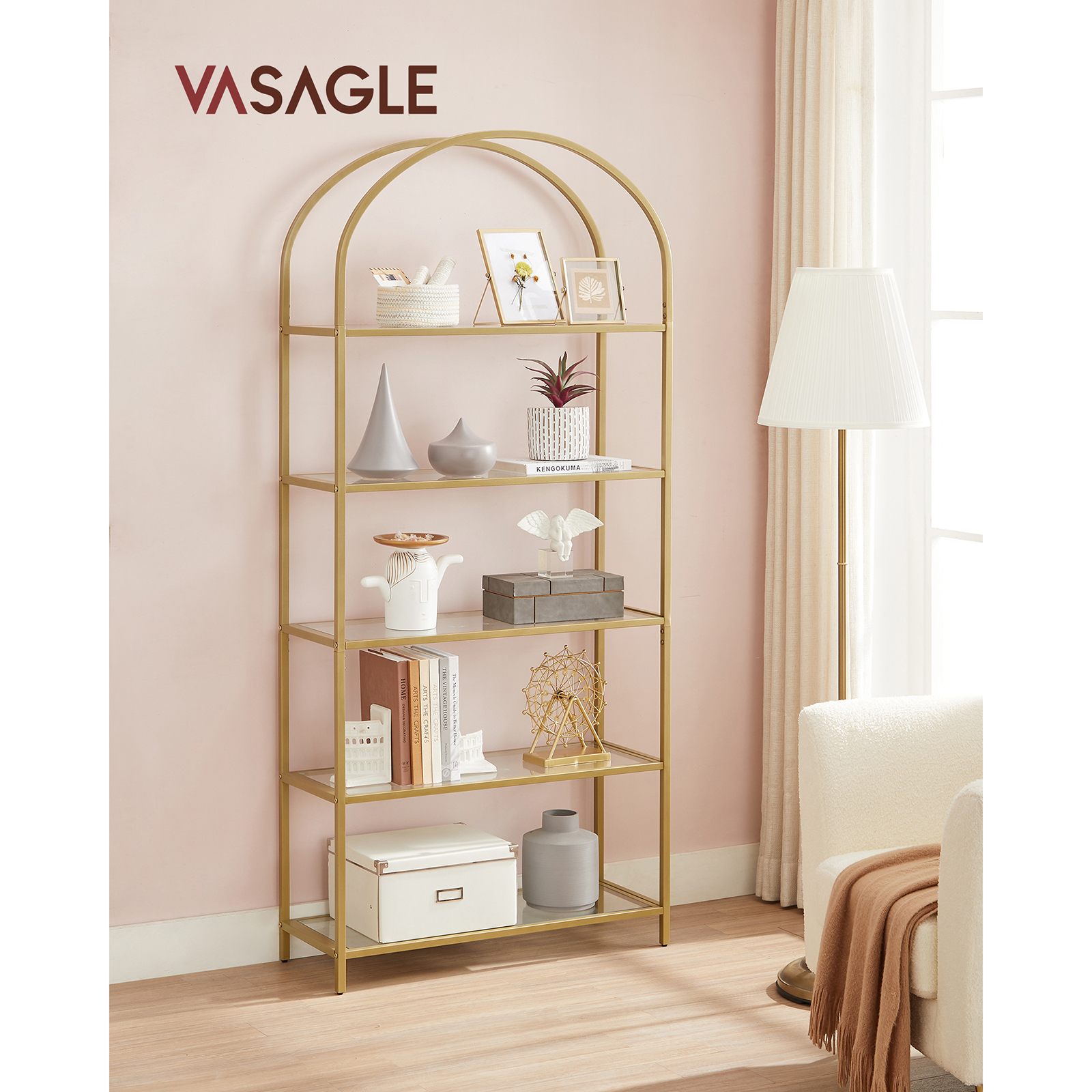 VASAGLE estantería de 5 niveles, estantería de vidrio templado, diseño arqueado, construcción de acero, para sala de estar