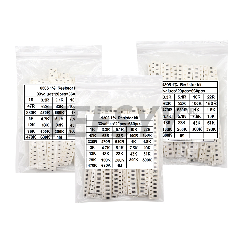 200 Uds 660 Uds 720 Uds 4000 Uds 0402 0603 0805 1206 1210 2512 kit de resistencia smd kit surtido 10k 100k 1k 1r 100r 220r 1% 5%