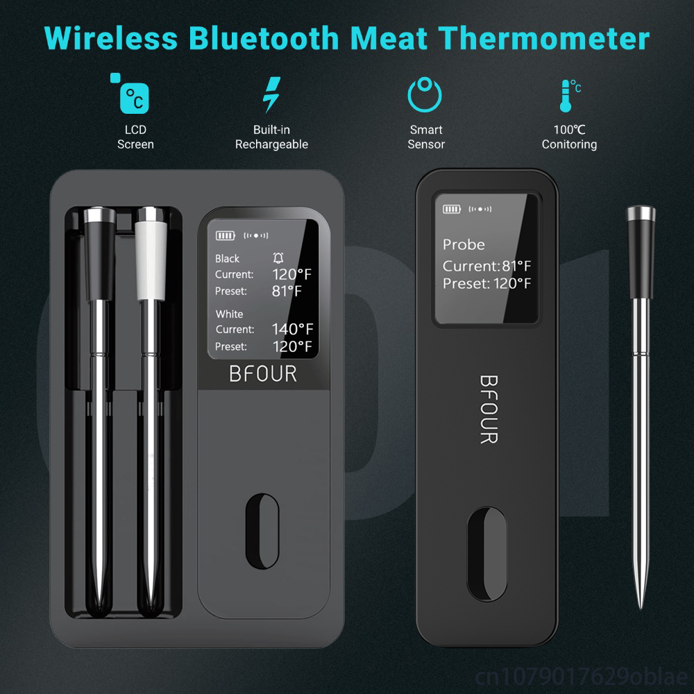 Termómetro inalámbrico para carne con Bluetooth, sondas impermeables IP67 con amplificador de pantalla LCD, recargable para asar, ahumador, horno de barbacoa