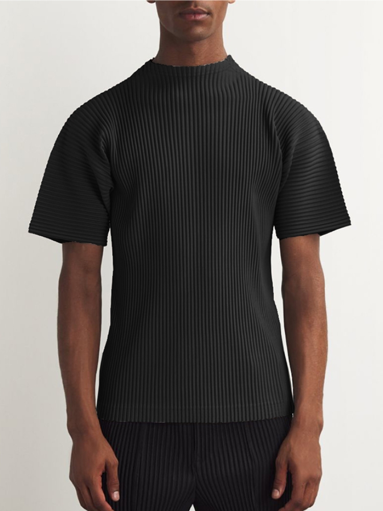 Miyake geplooide kleding heren T-shirt met korte mouwen, modieus zwart coltrui