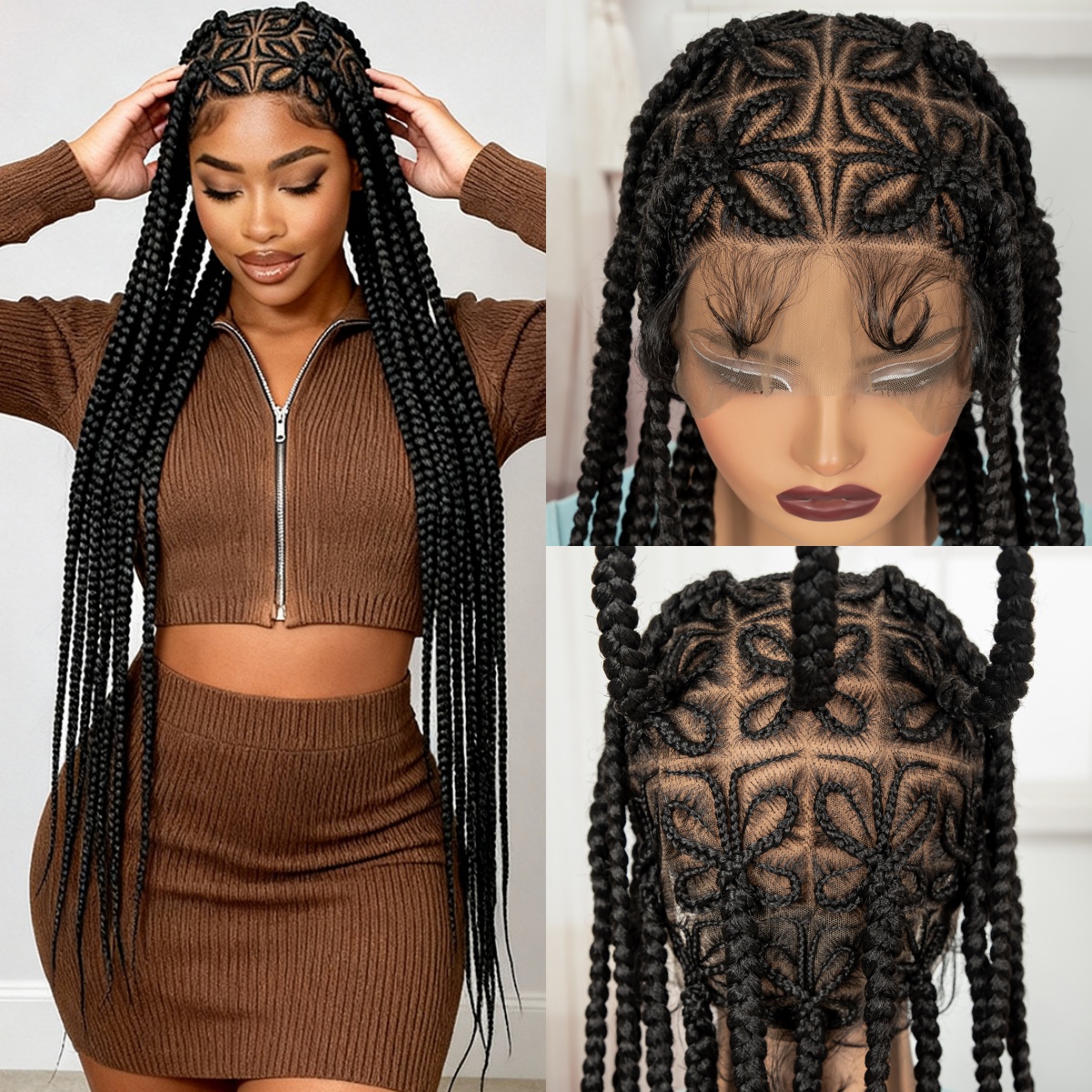 Wig Rambut Kepang Cornrow Full Lace 36 inci, Wig Rambut Kepang Sintetis Alami, Wig Kepang Kotak dengan Baby Hair untuk Wanita Kulit Hitam