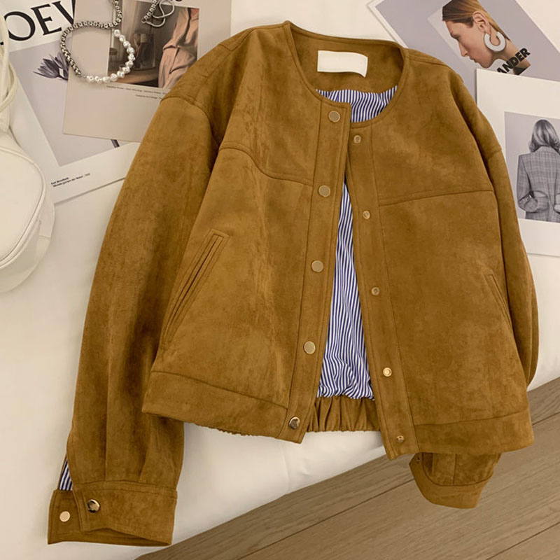 Wildleder kurze Jacke Frauen koreanische Kamel Mode Langarm Flug anzug Harajuku einreihige lose Tops weibliche Vintage-Mäntel
