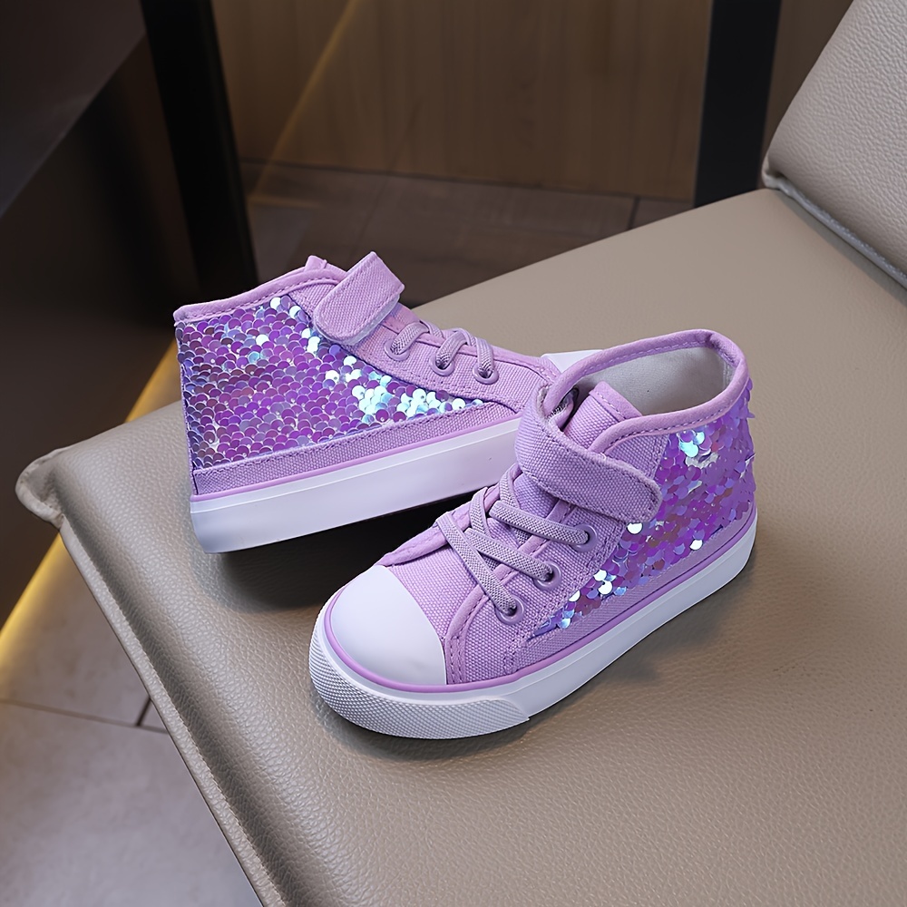 COMFY KIDS Dziewczęce buty płócienne w stylu księżniczki z holograficznym wzorem łusek, fioletowe, średniej wysokości, z regulowanym paskiem, miękkie, wygodne, całoroczne, na imprezy, występy, codzienne.