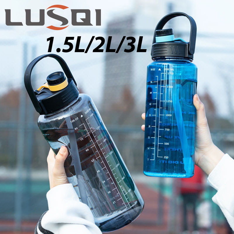 LUSQI-botella de agua deportiva de 1,5l/2L/3L, vaso de plástico de gran capacidad a prueba de fugas con pajita y marcador de tiempo para deportes al aire libre en el hogar