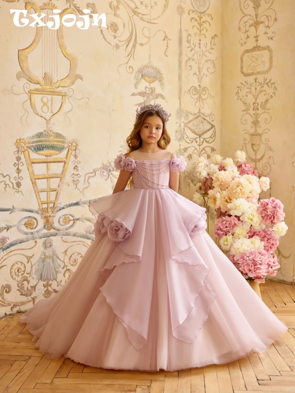 2026 Mädchen Lila Prinzessin Kleid 3D Rose Schulterfrei Tüll Ballkleid Kinder Party Hochzeit Blumenmädchen Festzug Formelles Abschlussballkleid