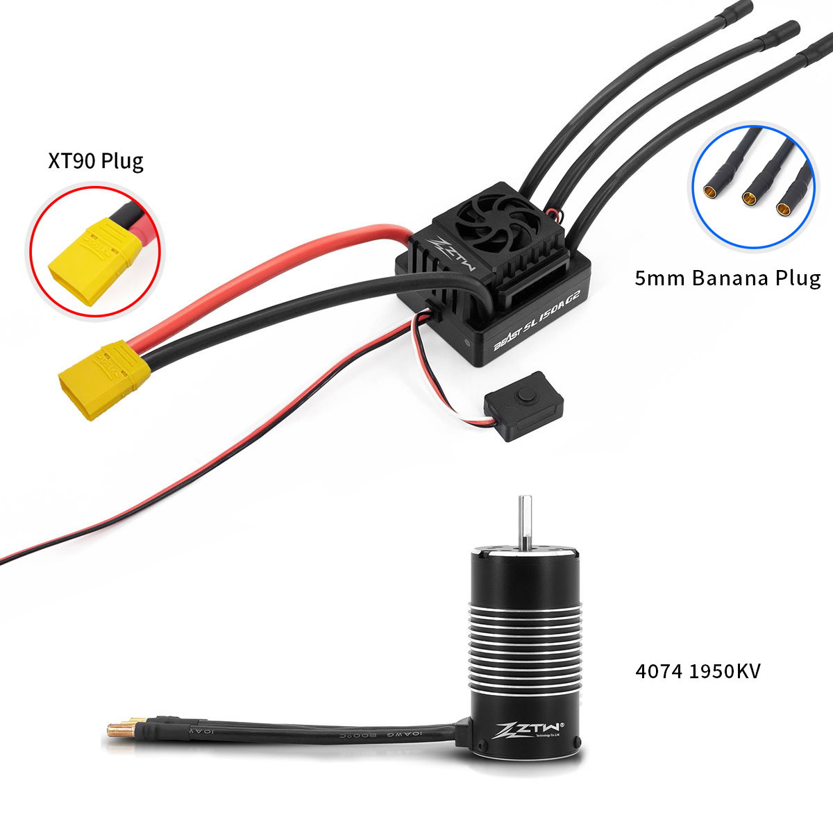 ZTW Beast G2 150A ESC 2-6S 6 В/7,4 В 6A BEC Бесщеточный двигатель 4074 1950/2150KV Комбинированный водонепроницаемый для 1/8th RTR RC Car Truck Buggy