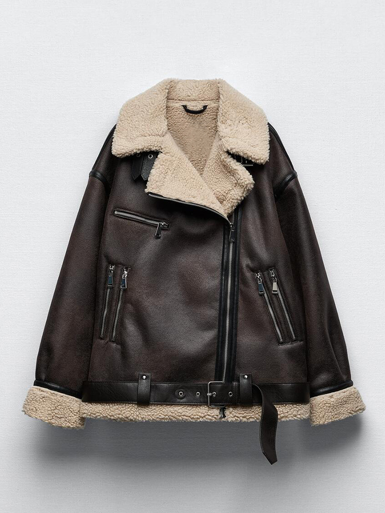 Ailegogo-Casaco Quente de Pele de Cordeiro Falso Feminino com Cinto, Streetwear Outono e Inverno, Zíper Feminino Solto Moto Biker Coat, Outwear