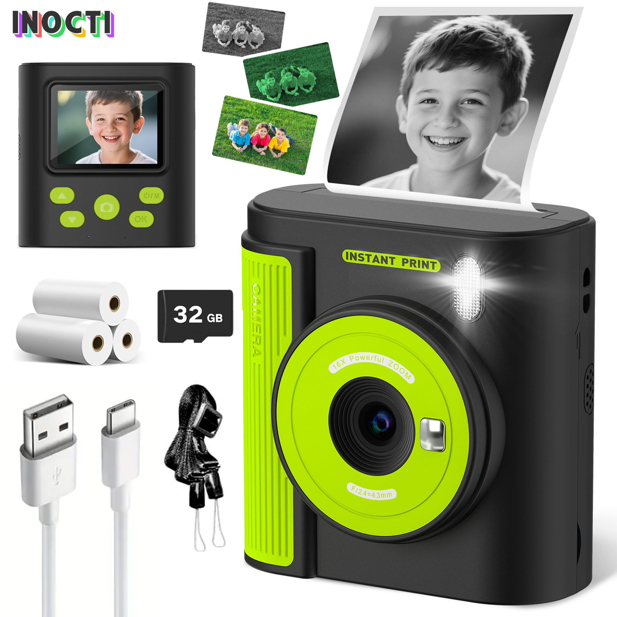 Câmera de impressão infantil INOCTI, câmera digital infantil, três papel de impressão e cartão 32G, para meninas meninos presentes de aniversário de Natal