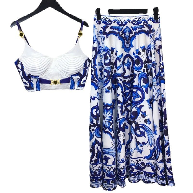 Conjunto de 2 piezas de porcelana azul y blanca para mujer, tirantes finos con copa acolchada y camiseta sin mangas, traje de falda larga con estampado, Verano