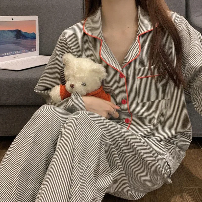 2 ชิ้น/เซ็ตผู้หญิงแขนยาวหลวมBreathableนักเรียนชุดนอนLoungewearเสื้อสเวตเตอร์ถักสีเทาลายสาวแฟชั่นชุดนอนHomewear