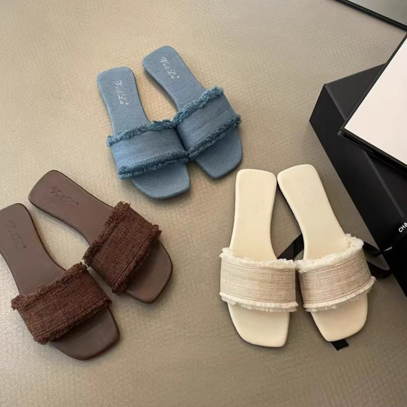 Sandal Wanita Warna Polos Set Ujung Terbuka Sandal Datar Pantai Liburan Kaki Sandal Jepit Kasual Sepatu Slide Wanita Dalam Ruangan Musim Panas