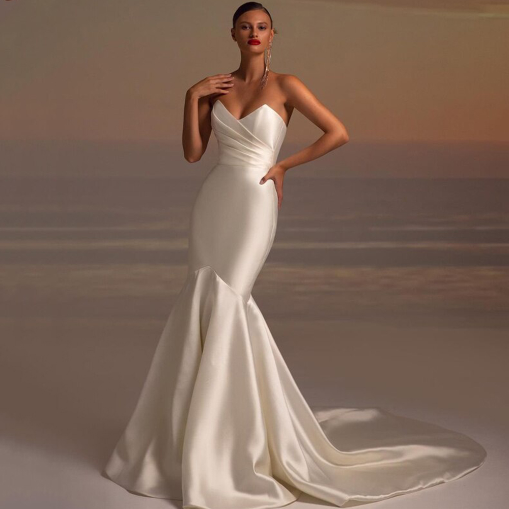Klassische Meerjungfrau Hochzeit Kleid Liebsten V-ausschnitt Ärmellose Satin Braut Kleid Falte Bürger Ehe Kleider Prinzessin Braut Robe