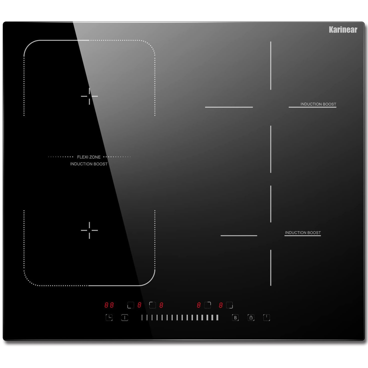 Karinear Wbudowana płyta indukcyjna z 4 palnikami, elektryczna płyta indukcyjna z Flexzone, sterowanie suwakiem, timer, funkcja Boost, 7200 W