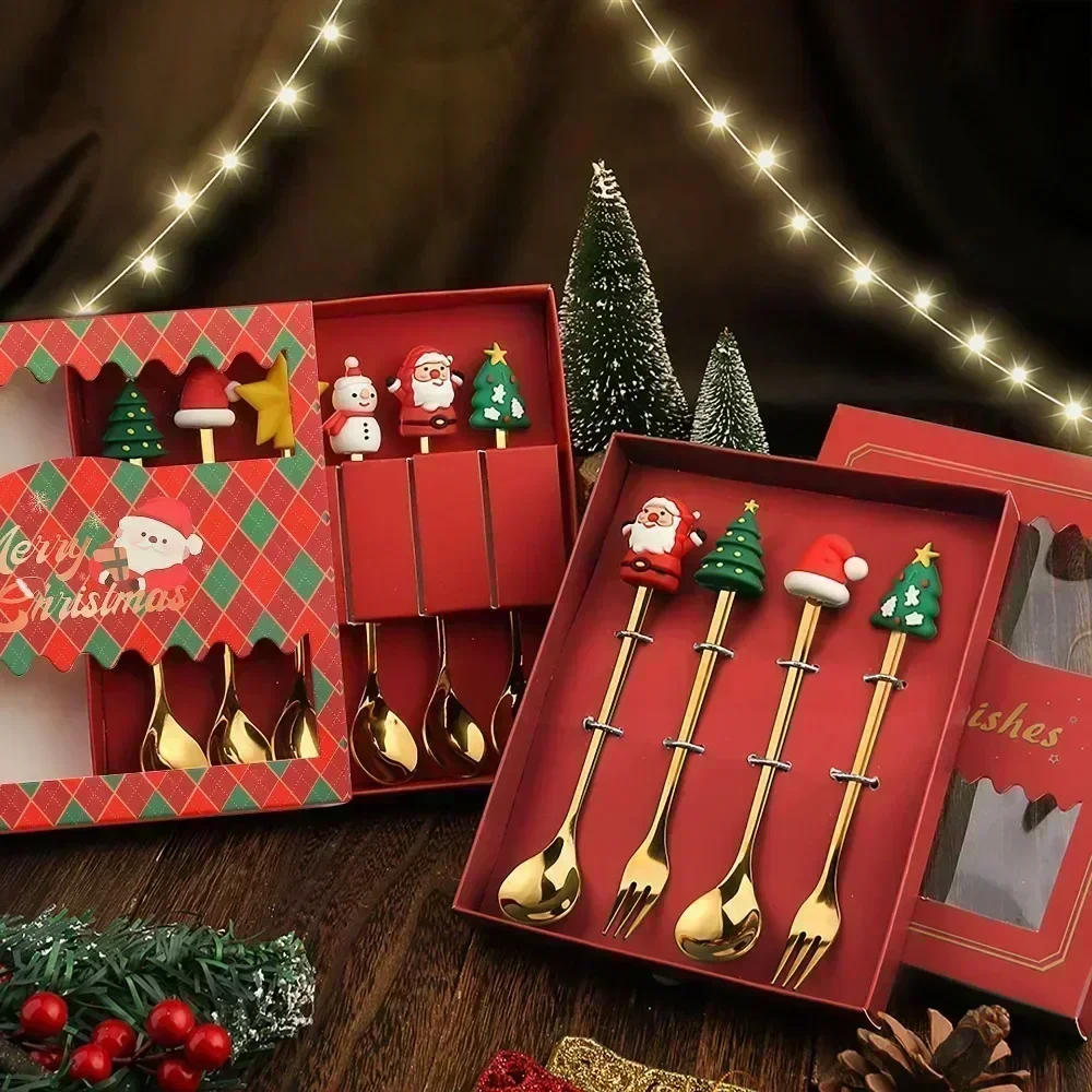 Decoraciones navideñas para el hogar, decoración de mesa navideña, cucharas de acero inoxidable, tenedor, juego de cubiertos, árbol de Navidad de alce, regalos de Año Nuevo 2024