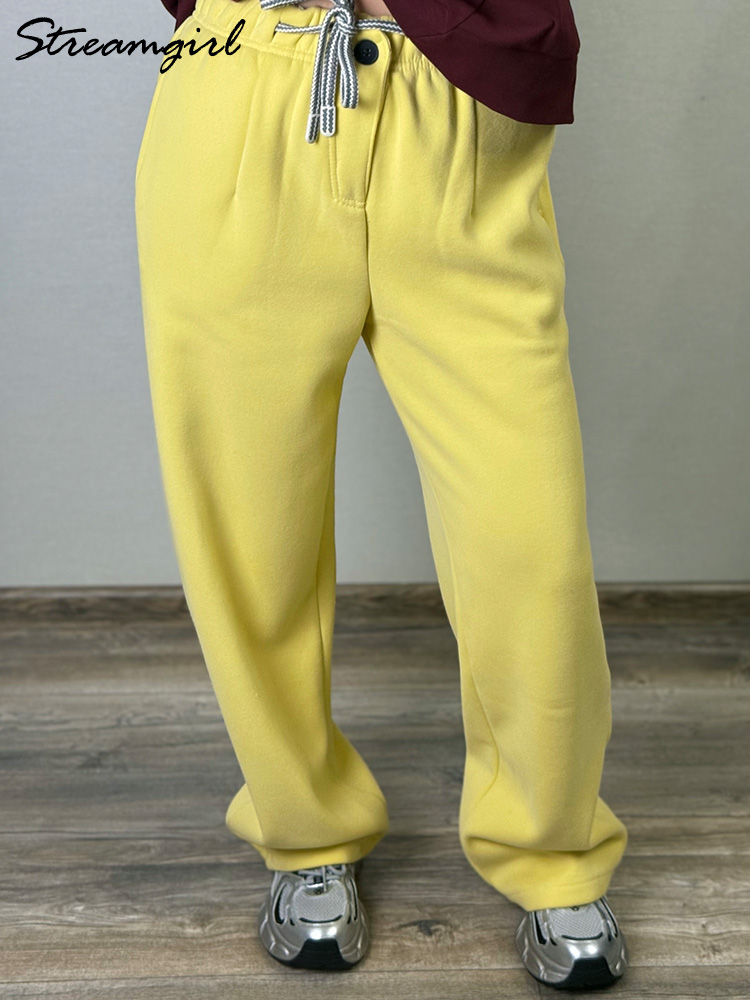 Streamgirl Warm Pants For Women Winter Yellow Wide Leg Fleece Sweatpants Women Baggy Sport Winter Thick Velvet Warm Trousers
