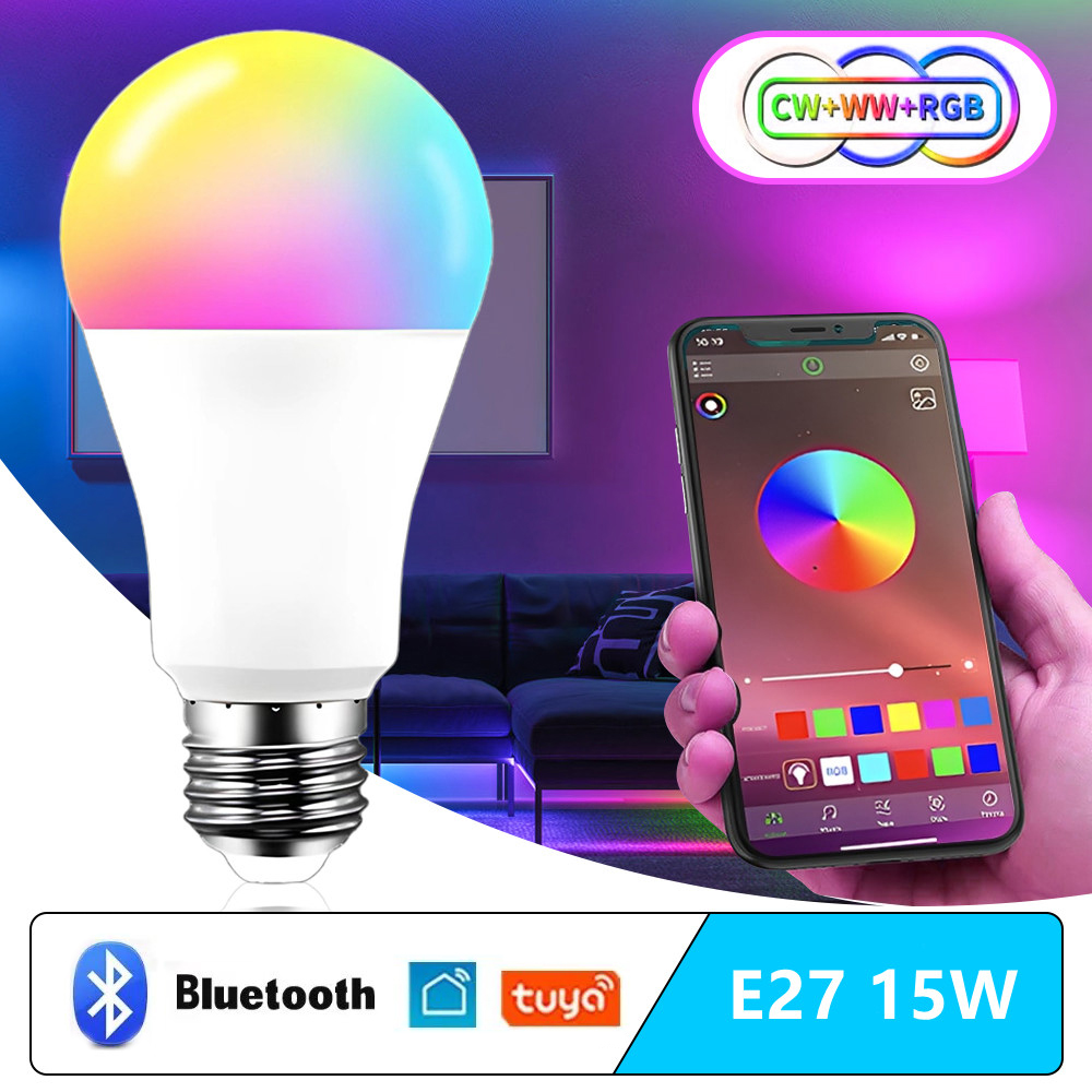 15W E27 Tuya LED-Glühbirne Smart Life APP-Steuerung Dimmbare RGB-Farbampulle LED-Glühbirne Arbeiten Sie mit dem Schlafzimmer zu Hause AC 85-265V