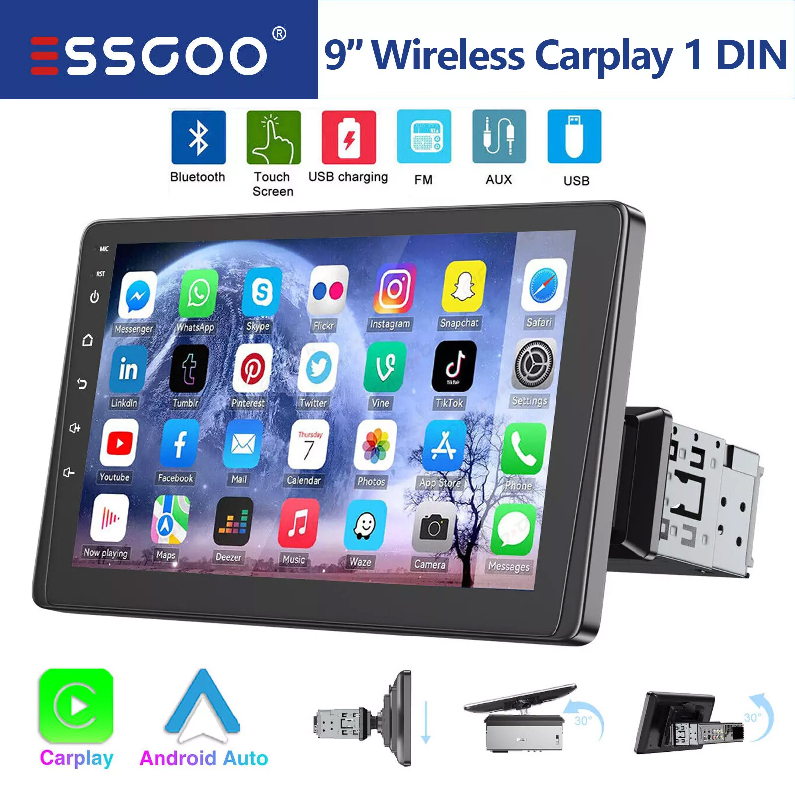 9 "DIN nirkabel Apple CarPlay, Radio mobil Stereo layar sentuh FM Bluetooth USB AUX TF Mirror Link