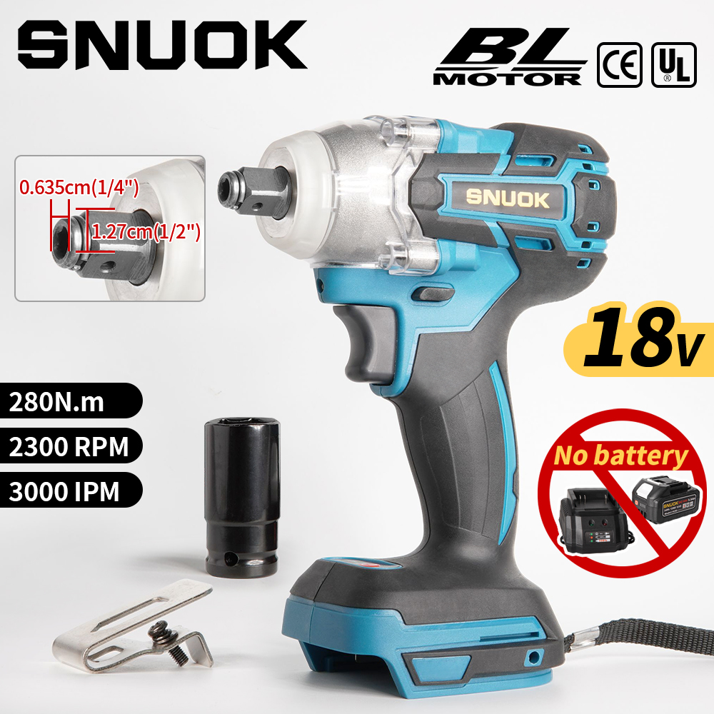 SNUOK Akku-Elektroschrauber ohne Batterie, 280 Nm, bürstenlos, 1/2'' 1/4'', für Heimwerker, Autoreparatur, Elektrobohrer für Makita 18V Lithium-Akku