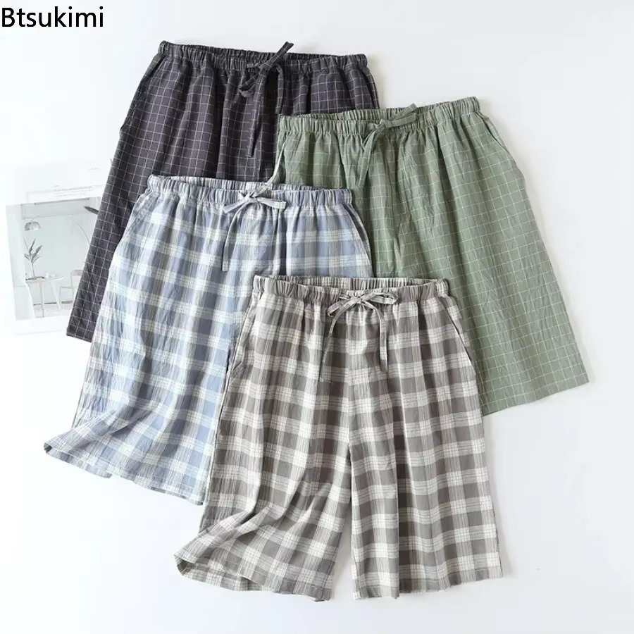 New 2026 Men's Sleepwear Pajama Shorts Plaid Design 100% Cotton Casual Loose Double-layer Homewear Sleep Bottoms Male Home Pants