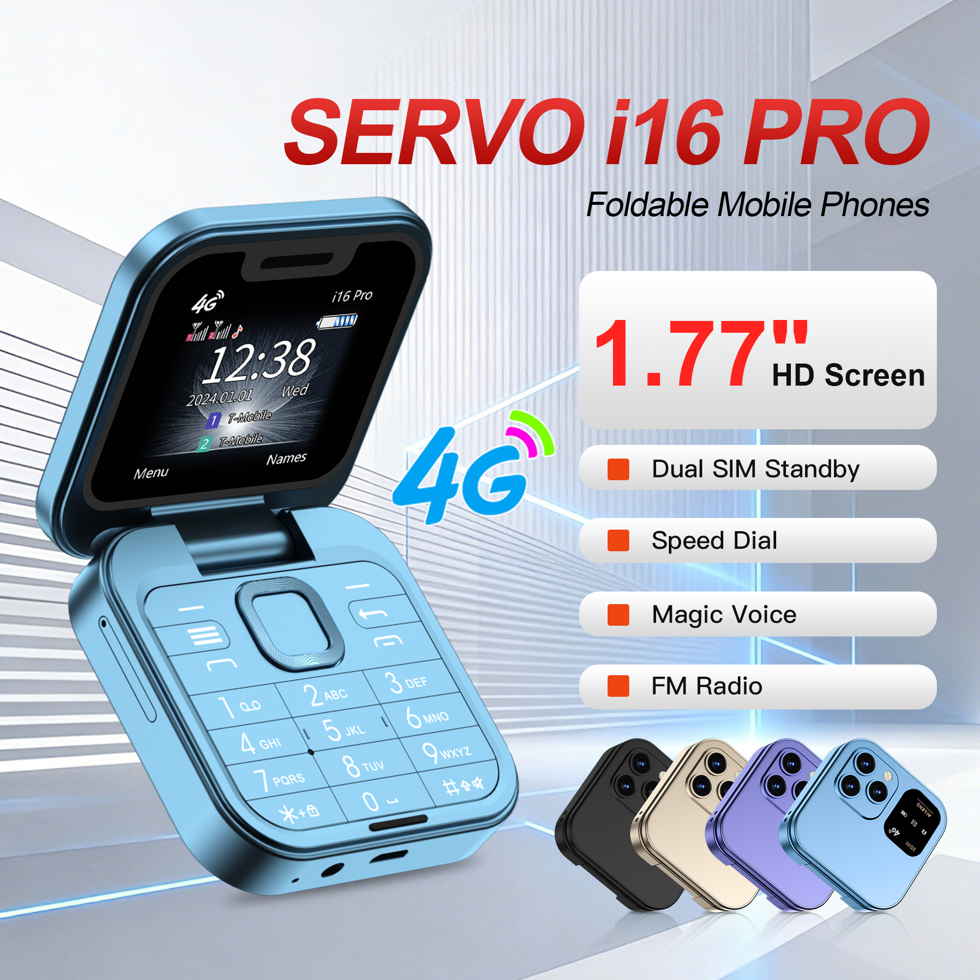 SERVO i16 Pro 4G LTE Netwerk mini Flip Mobiele Telefoon 2 SIM Standby Oproep Opname Snelkiezen FM Radio 1.77-inch Scherm Kleine Opvouwbare Mobiele Telefoon