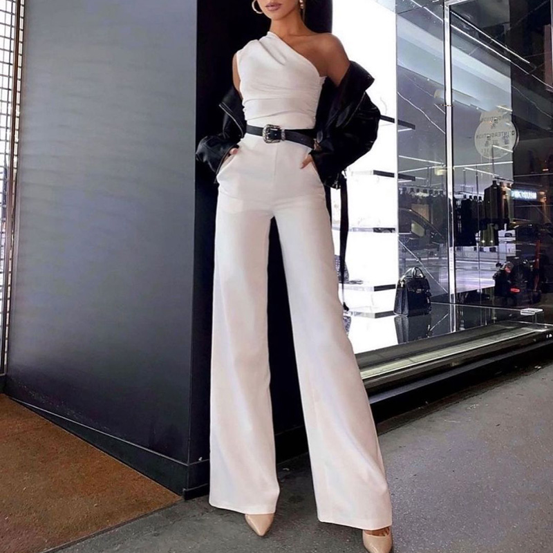 Donna elegante Slash Collar Straight pagliaccetto Sexy con spalle scoperte One Piece 2023 Fashion Lady tute solide con fiocco a vita alta