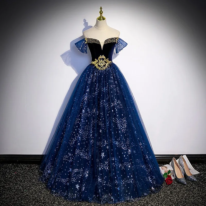 ブルーフレンチイブニングドレス 女性用 新司会者 ボイスソロ ボーカルアート試験 ロングスタイル 気品演出 パフォーマンスドレス 2026