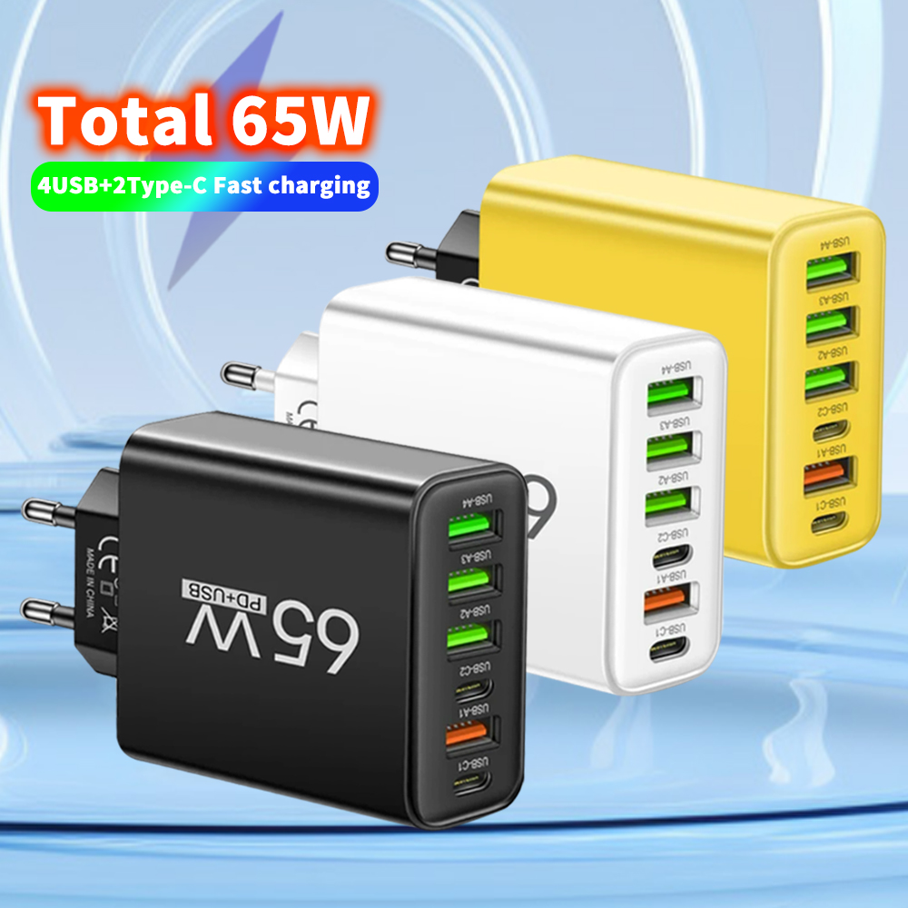 Total 65W USB C cargador Muti 6 puertos carga rápida QC3.0 tipo C adaptador de pared para teléfono móvil para iPhone 15 Pro Max Xiaomi Samsung