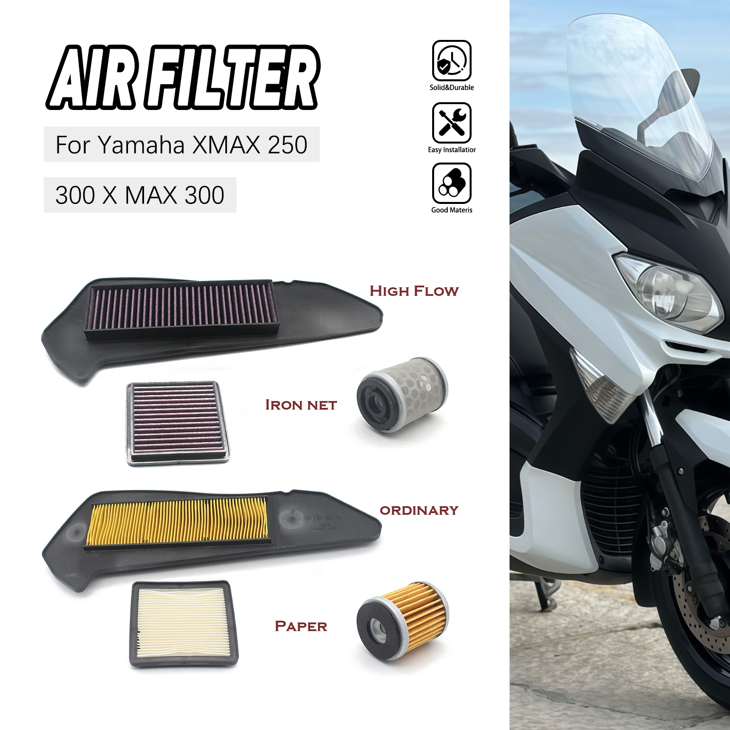 ACZ 2Pcs รถจักรยานยนต์ Air Filter Air Intake เครื่องยนต์ Engine ป้องกันกรองอากาศสำหรับ Yamaha XMAX 250 300 X MAX 300