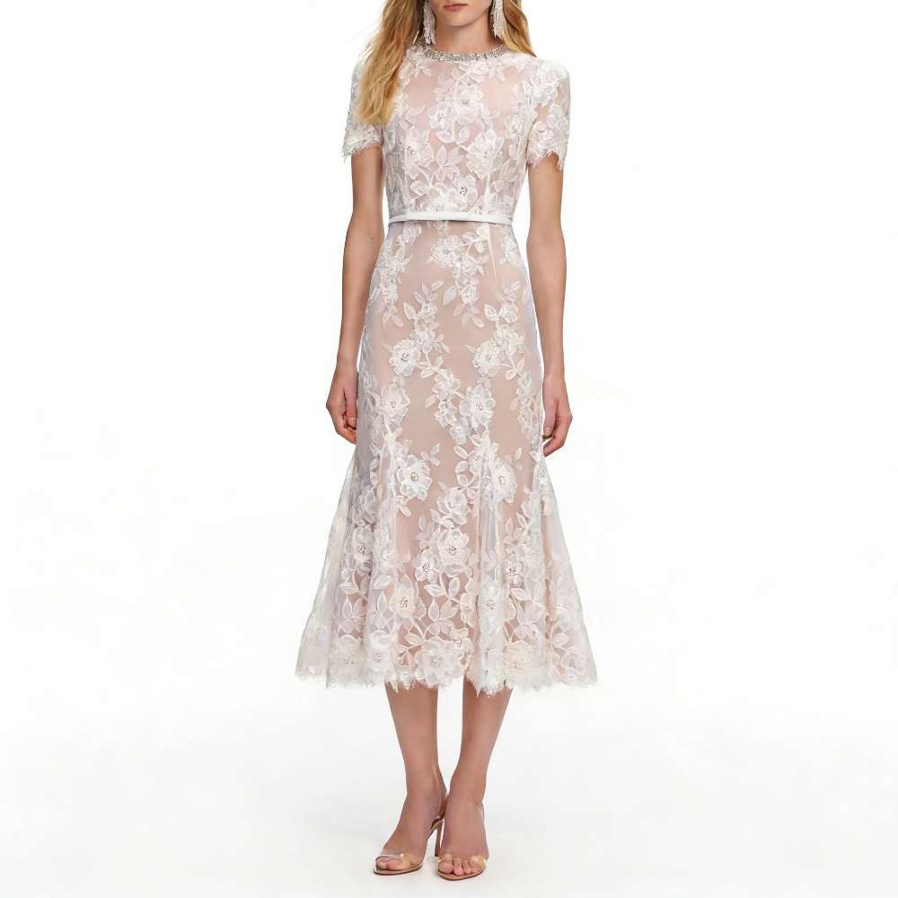 Customized Fashion Casual Lace Sash Rhinestone Pleat Ruched Mermaid High Collar Tea Length Evening Dresses for Woman Formal