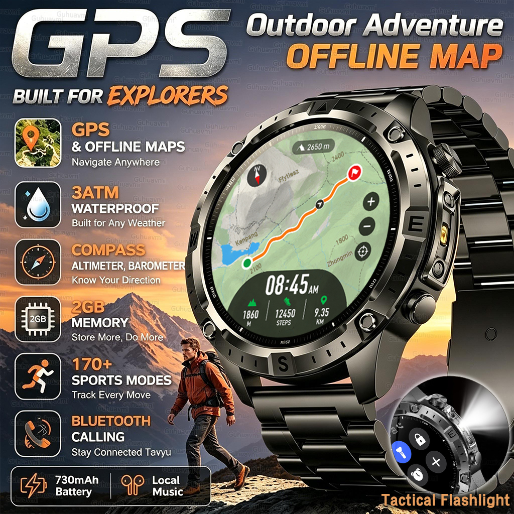 Новые умные часы для мужчин с GPS, офлайн-картами, водонепроницаемостью 3ATM, 170+ видами спорта, LED-компасом, альтиметром, AMOLED-дисплеем и Bluetooth-вызовами