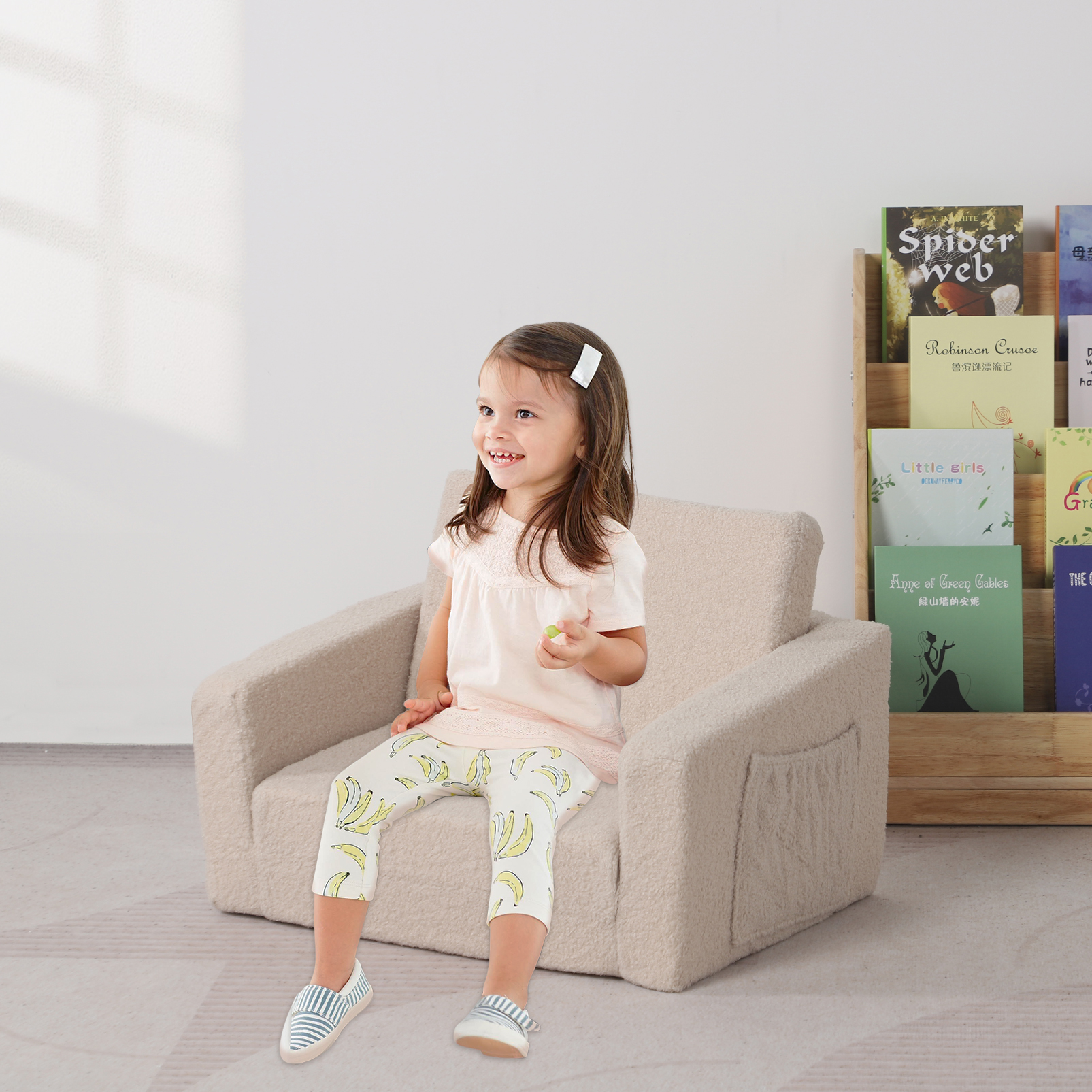Dziecięca składana sofa, fotelik do siedzenia dla niemowląt z narzutką z sherpa, piankowa sofa 2 w 1 dla maluchów