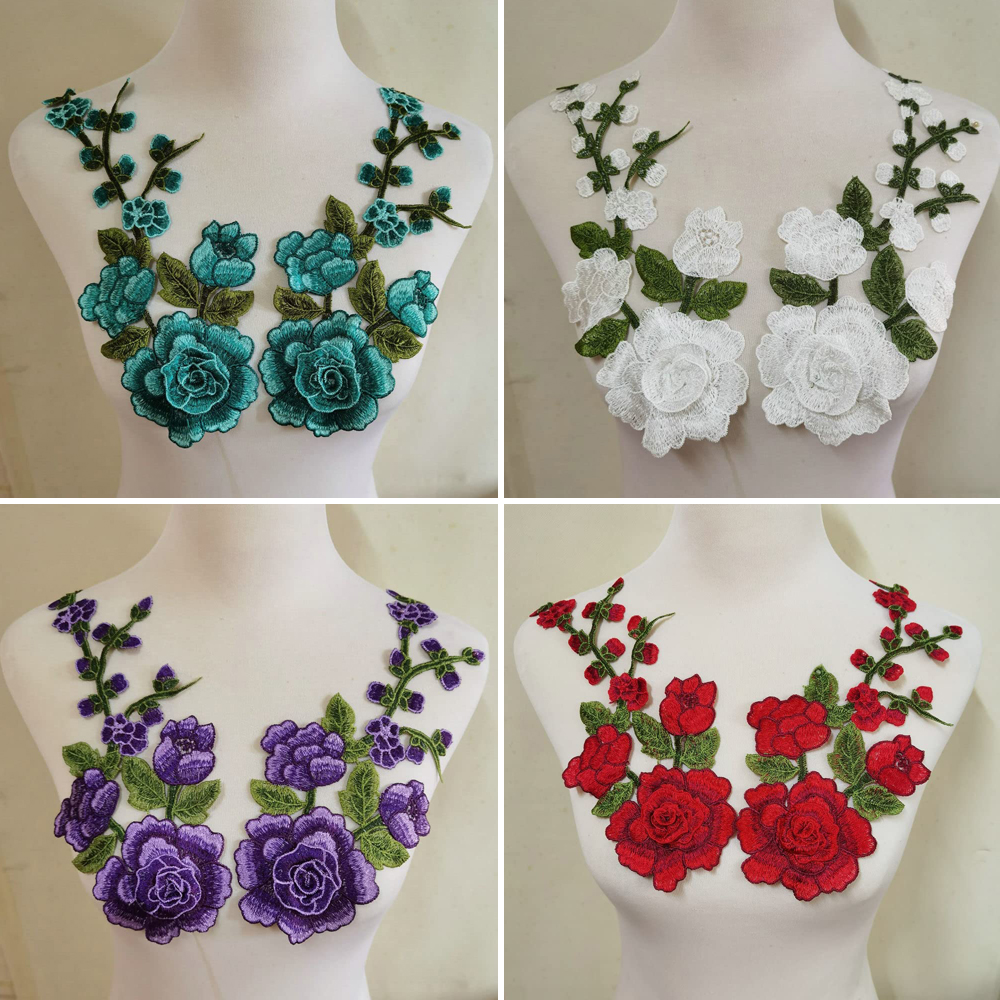 2 stks/set 3D Bloem Borduren Applique Patch Voor Avondrok Kleding Kanten Kraag Decoratie Patch Naaien Op Accessoires