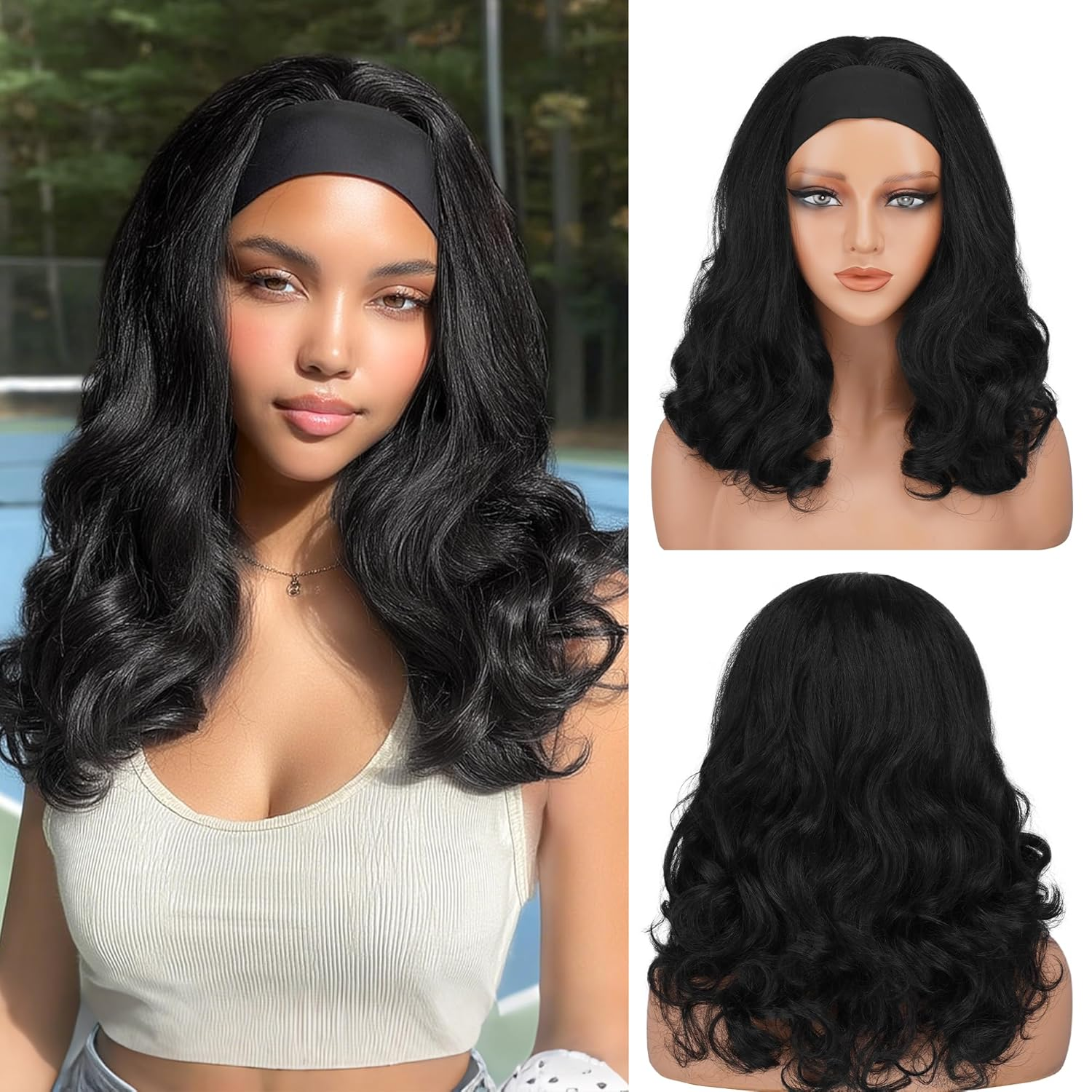Peluca de cabello humano brasileño con diadema, 200% de densidad, textura ondulada, sin encaje frontal, sin pegamento, de instalación rápida, lista para usar, para peinados diarios.