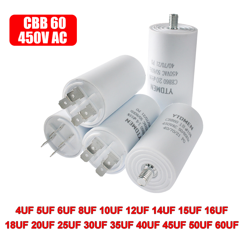 CBB60 Kondensator AC 450V Doppeleinsatz Elektrische Ersatzkondensatoren 4~60uF mit Schraube für Klimaanlagenmotor Pumpenventilator ±5%