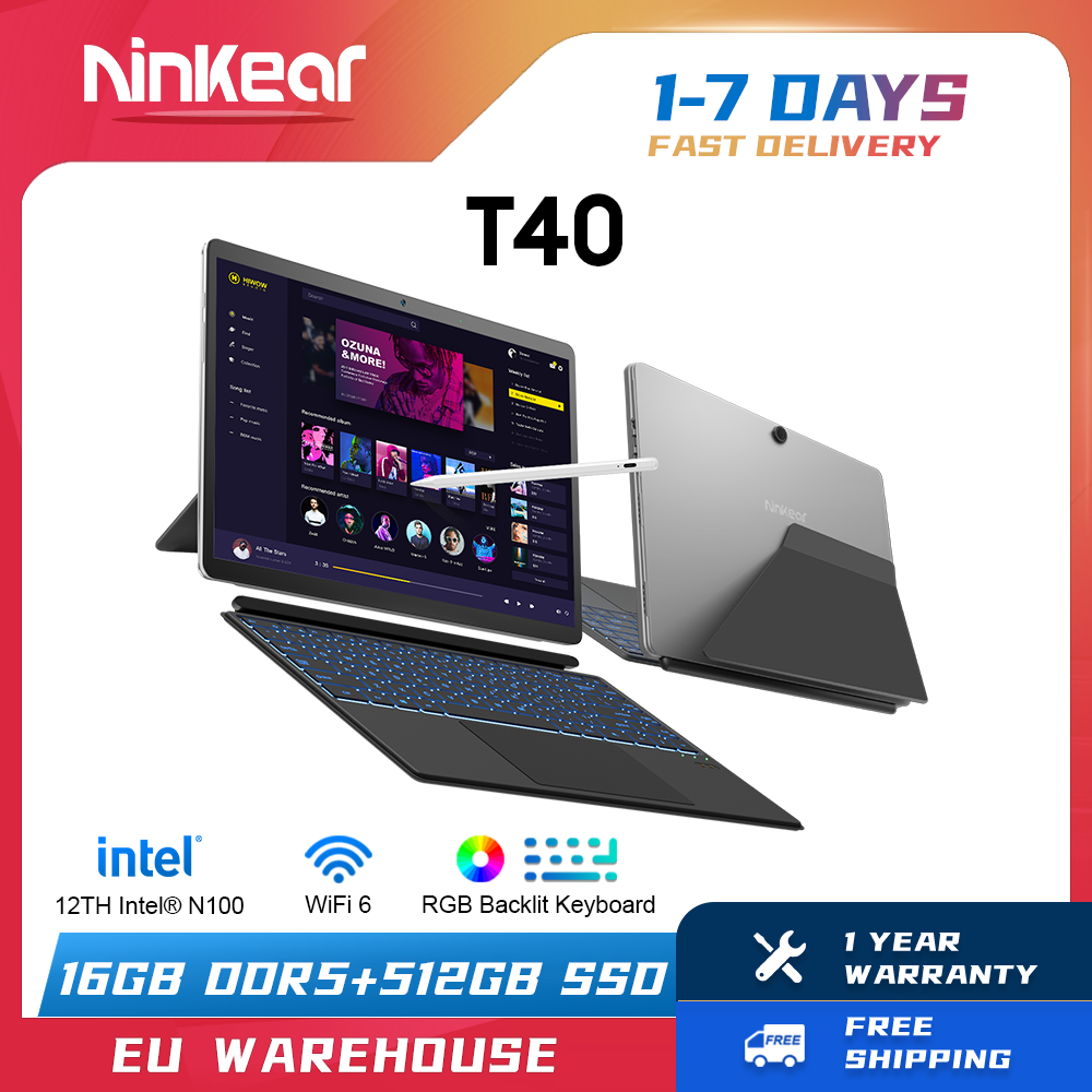 Ninkear-ordenador portátil T40 con pantalla táctil, Tablet 2 en 1, Intel N100, 14 pulgadas, FHD, 16GB, DDR5 + 512GB, SSD, Wifi, 6 RGB, Teclado retroiluminado con Stylus