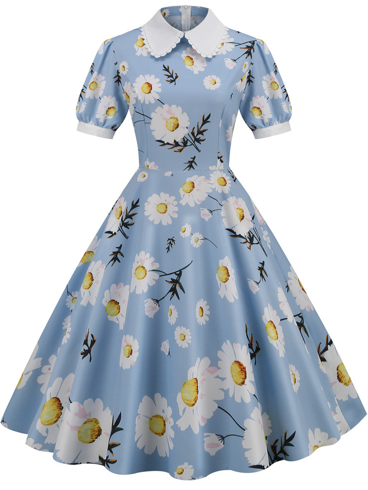 2024 nowych kobiet w stylu Retro sukienka z kwiatowym nadrukiem kołnierz piotruś Pan elegancka sukienka w stylu Vintage bufiasty krótki rękaw Pin Up letnia sukienka imprezowa z lat 50