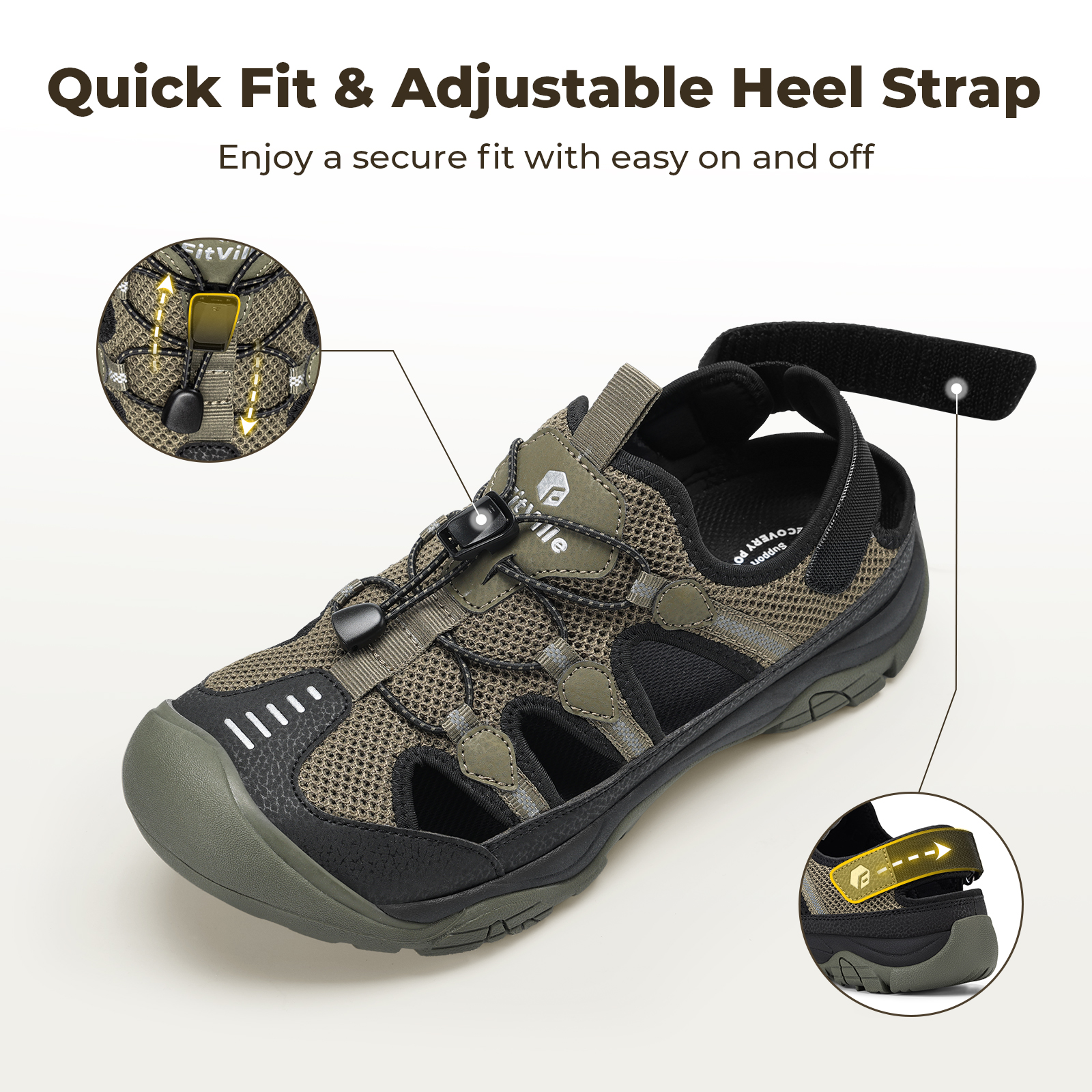 FitVille Sandal Pria Sandal Hiking Tertutup Lebar Penyangga Lengkung Kaki Plantar Fasciitis Cepat Kering Anti Selip Sepatu Pantai Musim Panas untuk Pria