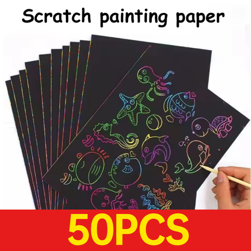 50 hojas de papel para rascar, papel mágico arcoíris para niños, kit de arte y manualidades, blocs de dibujo de papel negro con plantillas