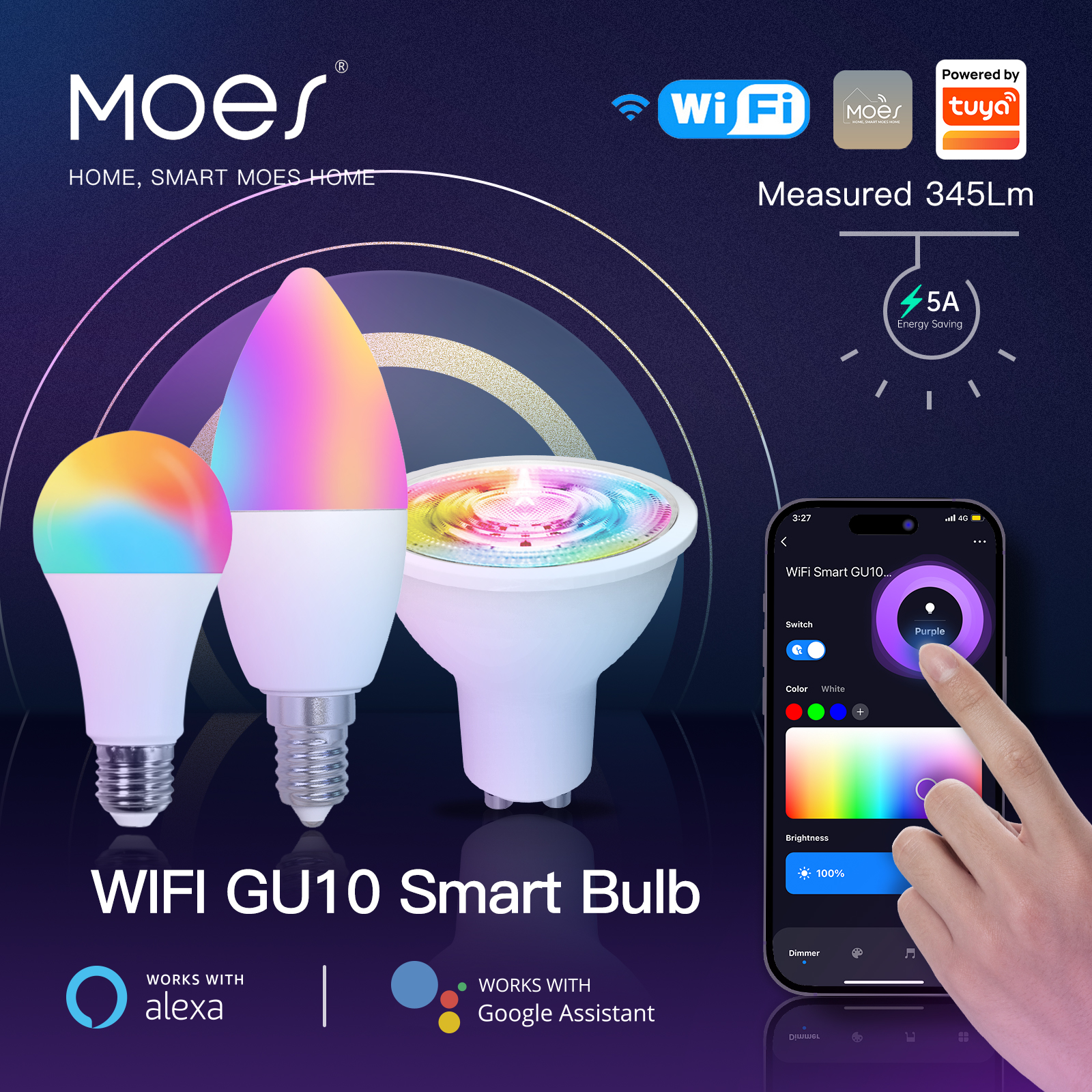 Bóng đèn LED WiFi Moes GU10 E27 E14 Đèn nến thông minh 16 triệu tỷ RGBCCT 2700-6500K Ánh sáng có thể thay đổi độ sáng Tuya Alexa Google 90-250V 6W