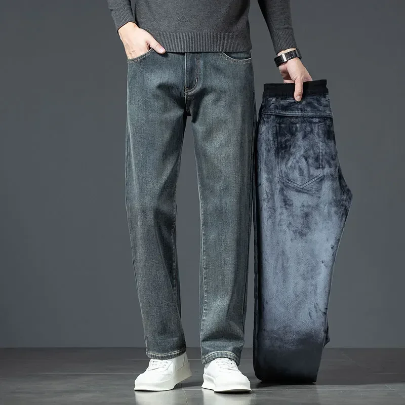 Men's Autumn Winter Pants Straight New Designer Korean Fashion Stretch Oversize Cowboy Brushed Long Velvety Thicken Plush Jeans