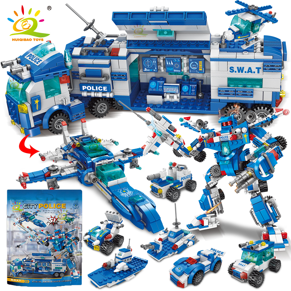 HUIQIBAO 700PCS 8in1 Stad Politie Commando Vrachtwagens Bouwstenen Politieagent Robot Auto Helikopter Model Bricks Speelgoed voor Kinderen