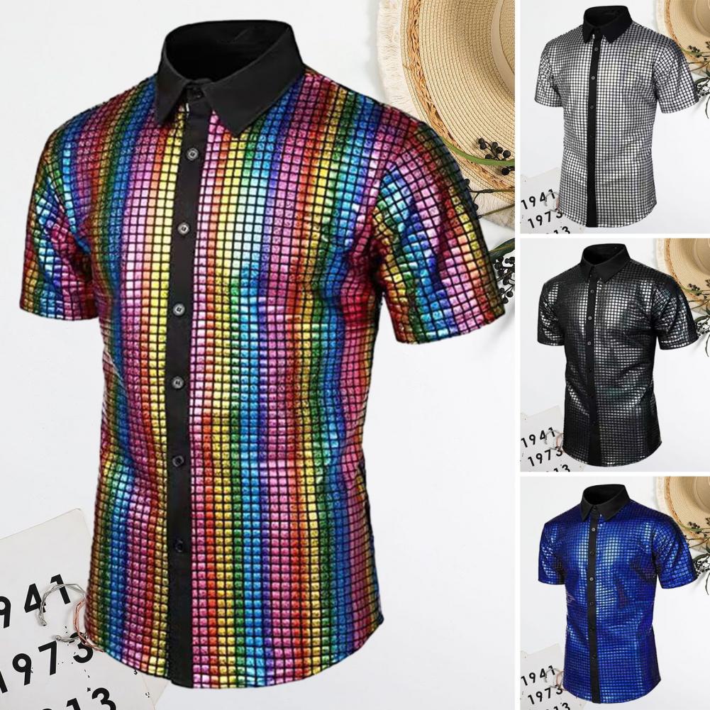 Męska koszula klubowa Vintage 70s Disco Męska koszula klubowa z odblaskowymi cekinami Wywijany kołnierzyk z krótkim rękawem zapinany na guziki na imprezy