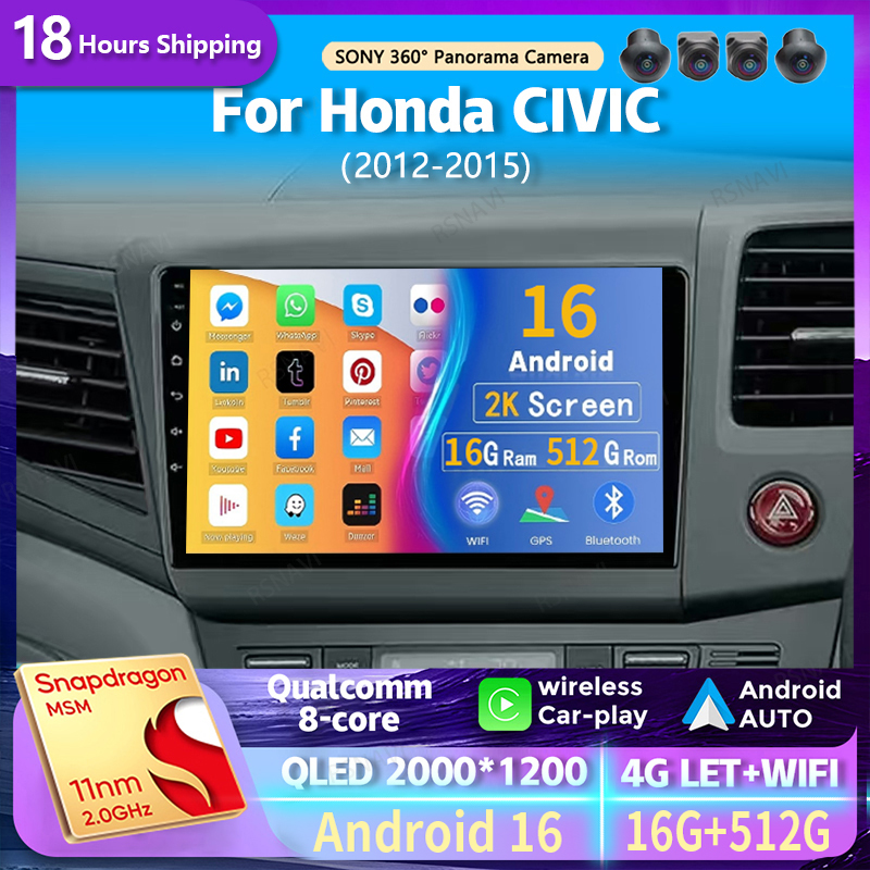 Автомагнитола Android 16 для Honda Civic RHD 2012-2015 с GPS, Wi-Fi, 4G, CarPlay и Auto, мультимедийный проигрыватель, стереосистема