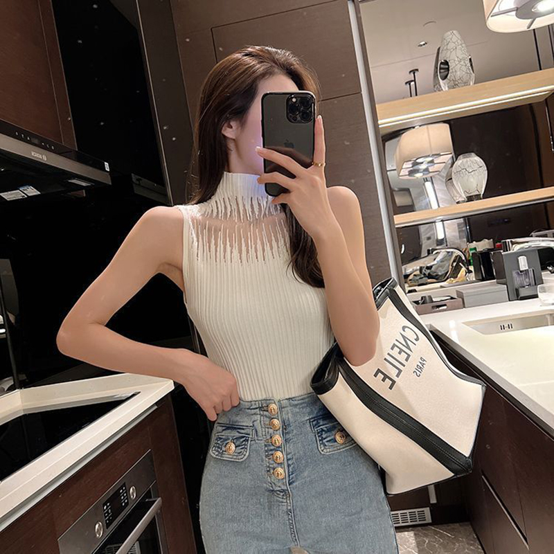 女性用Tシャツ,ニット,ノースリーブ,ショートトップ,ハイカラー,通気性,快適,新しいファッション,夏