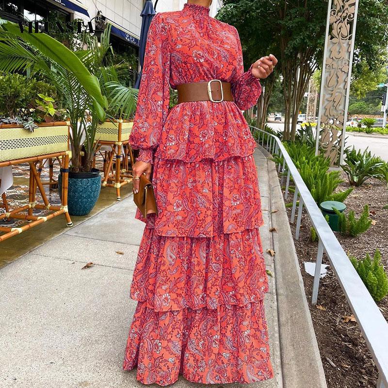 Vestido veraniego de manga larga con estampado Floral para mujer, vestido playero holgado Vintage con pastel, elegante, con volantes en cascada, 2022