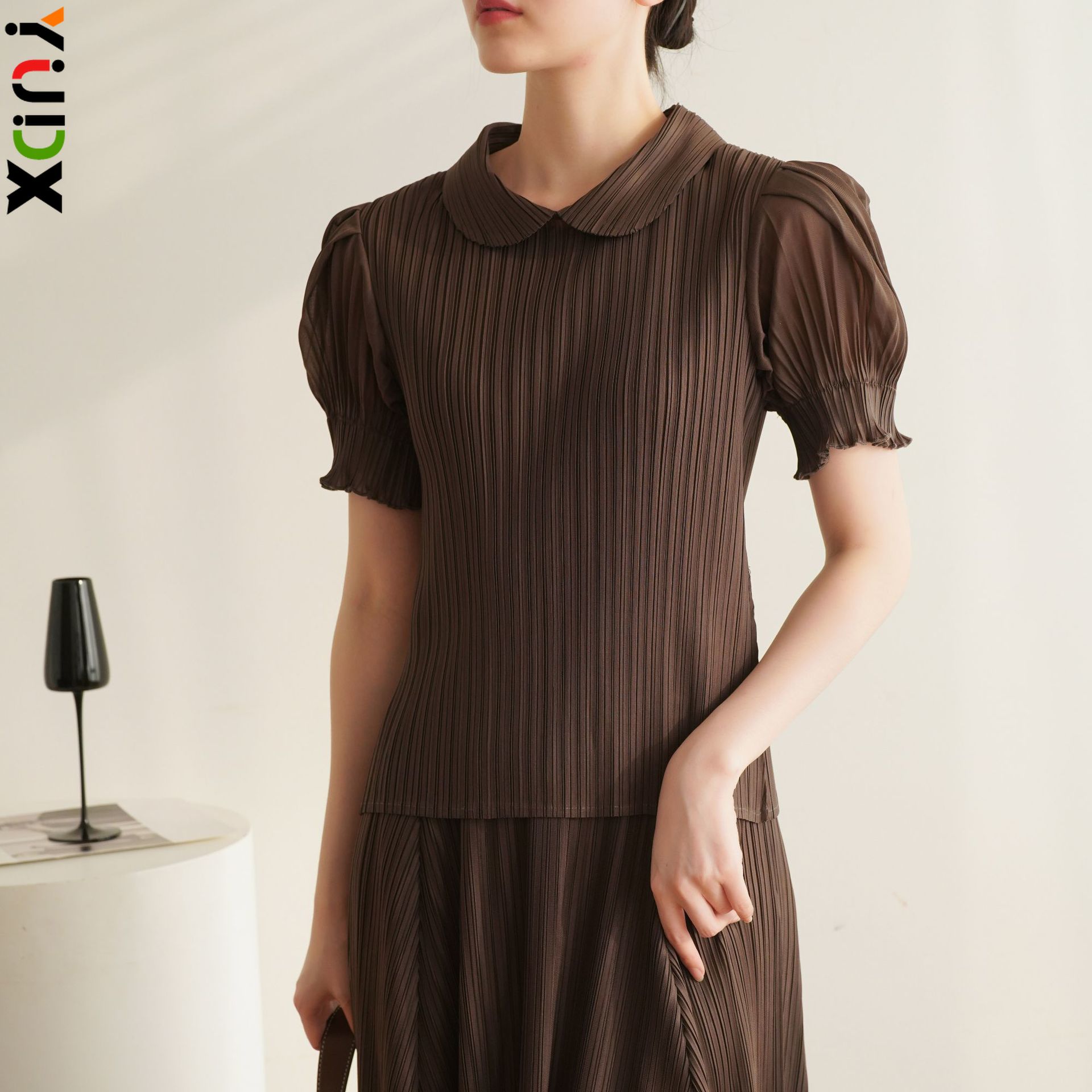 YUDX-Camiseta plisada de Peplum Wind para mujer, Tops de manga corta con cuello redondo, de Color sólido, informal, a la moda, novedad de verano 2024