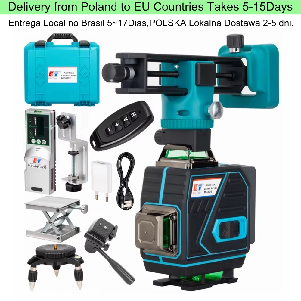 KaiTian 360 ligne niveau Laser auto-nivelant croix horizontale et verticale Super puissant vert 16 lignes 4D niveau récepteur de niveau Laser