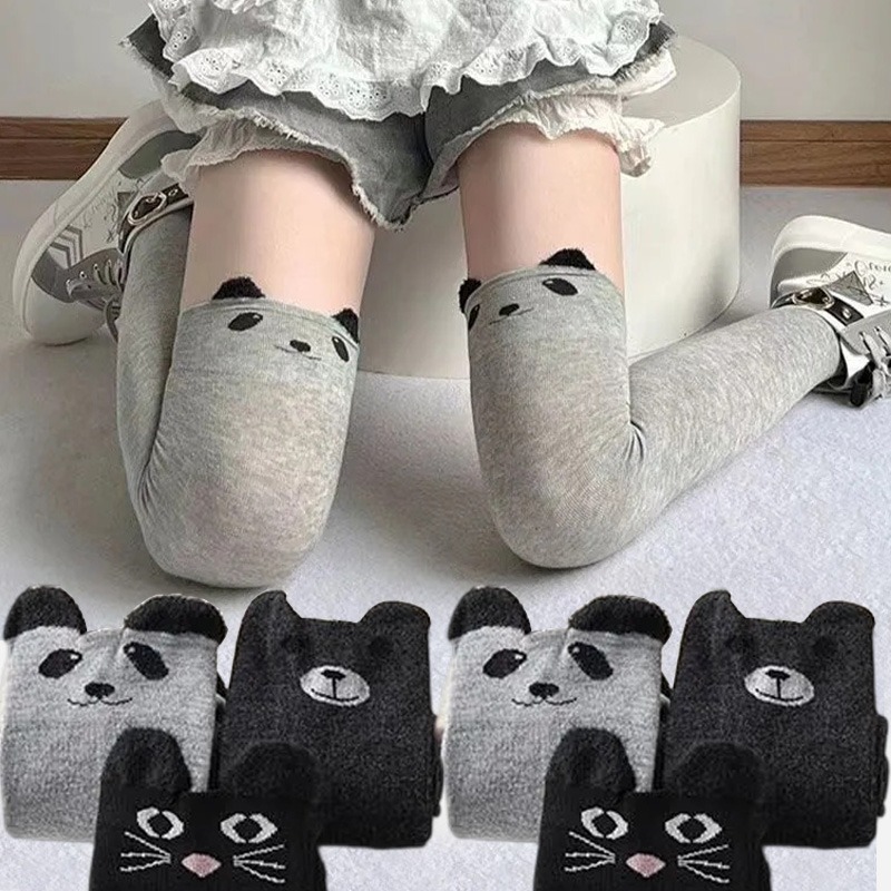 Meias Harajuku de Outono Inverno Lolita Kawaii com Estampa de Urso para Mulheres, Meias Altas Pretas e Cinzas com Estampa de Gato, Meias Longas para Estudantes